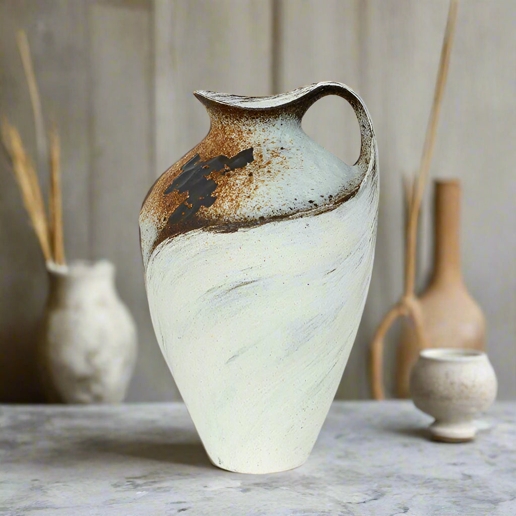 Tall handmade wabi-sabi style vase - white & brown