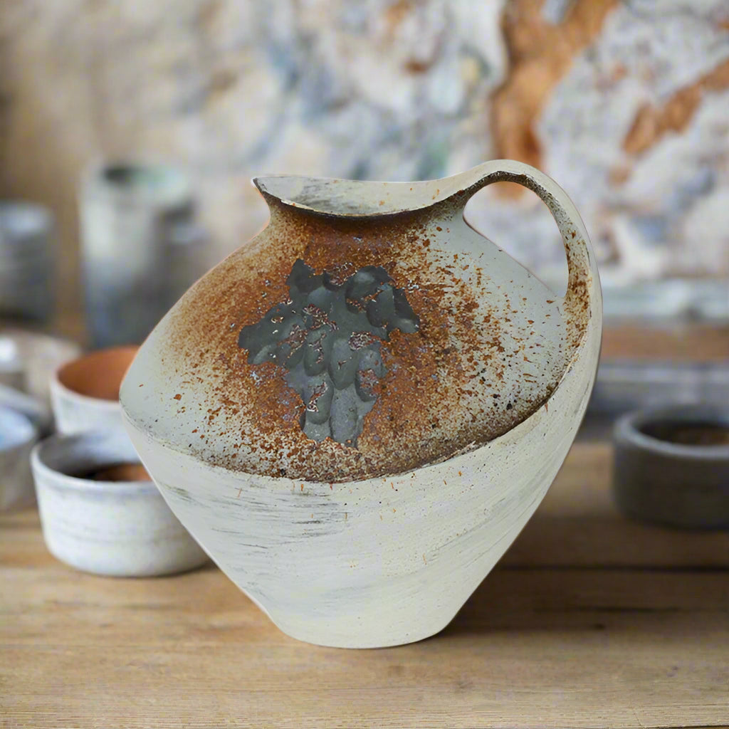 Wide handmade wabi-sabi style vase - white & brown