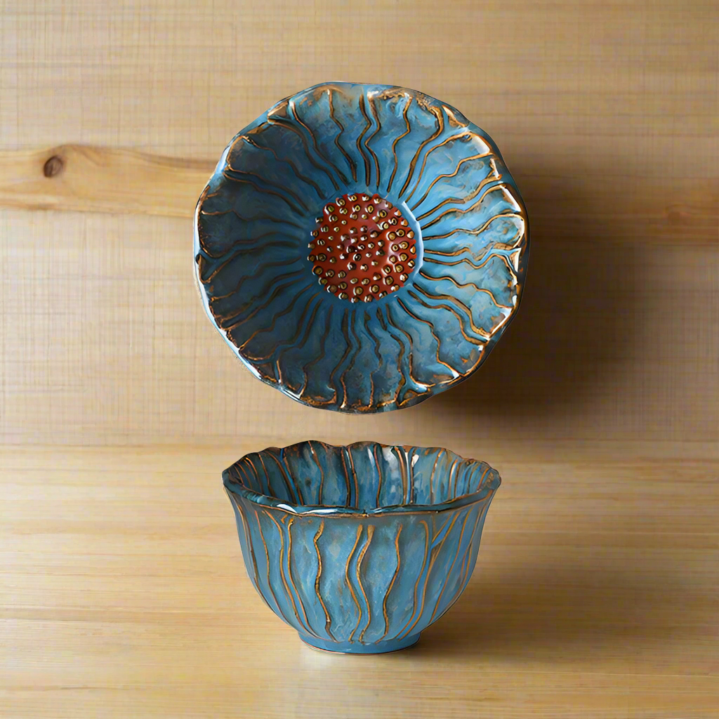 Small handmade artistic "Blue Chrysanthemum" bowl