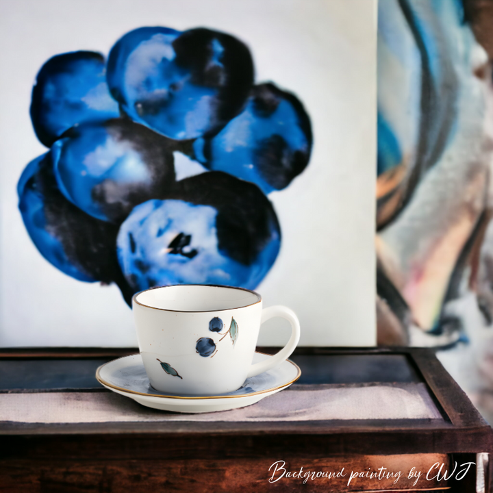 Hand-painted "Blueberry" teacup with plate - 6.8oz