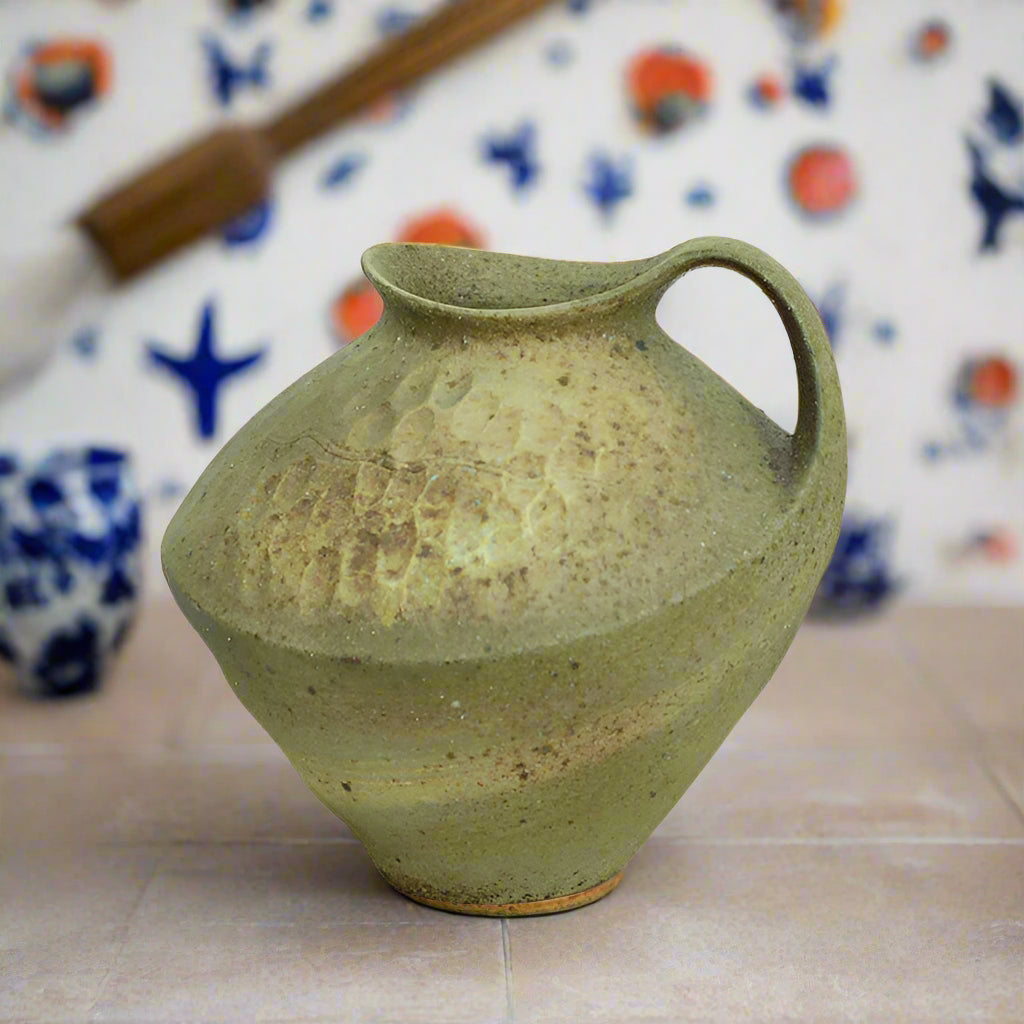 Wide handmade wabi-sabi style vase - green