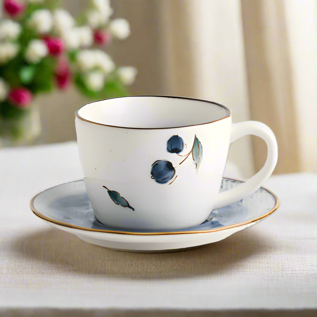 Hand-painted "Blueberry" teacup with plate - 6.8oz