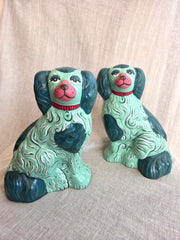 Medium Hand Painted Pair of Mint Green Mantle Dogs