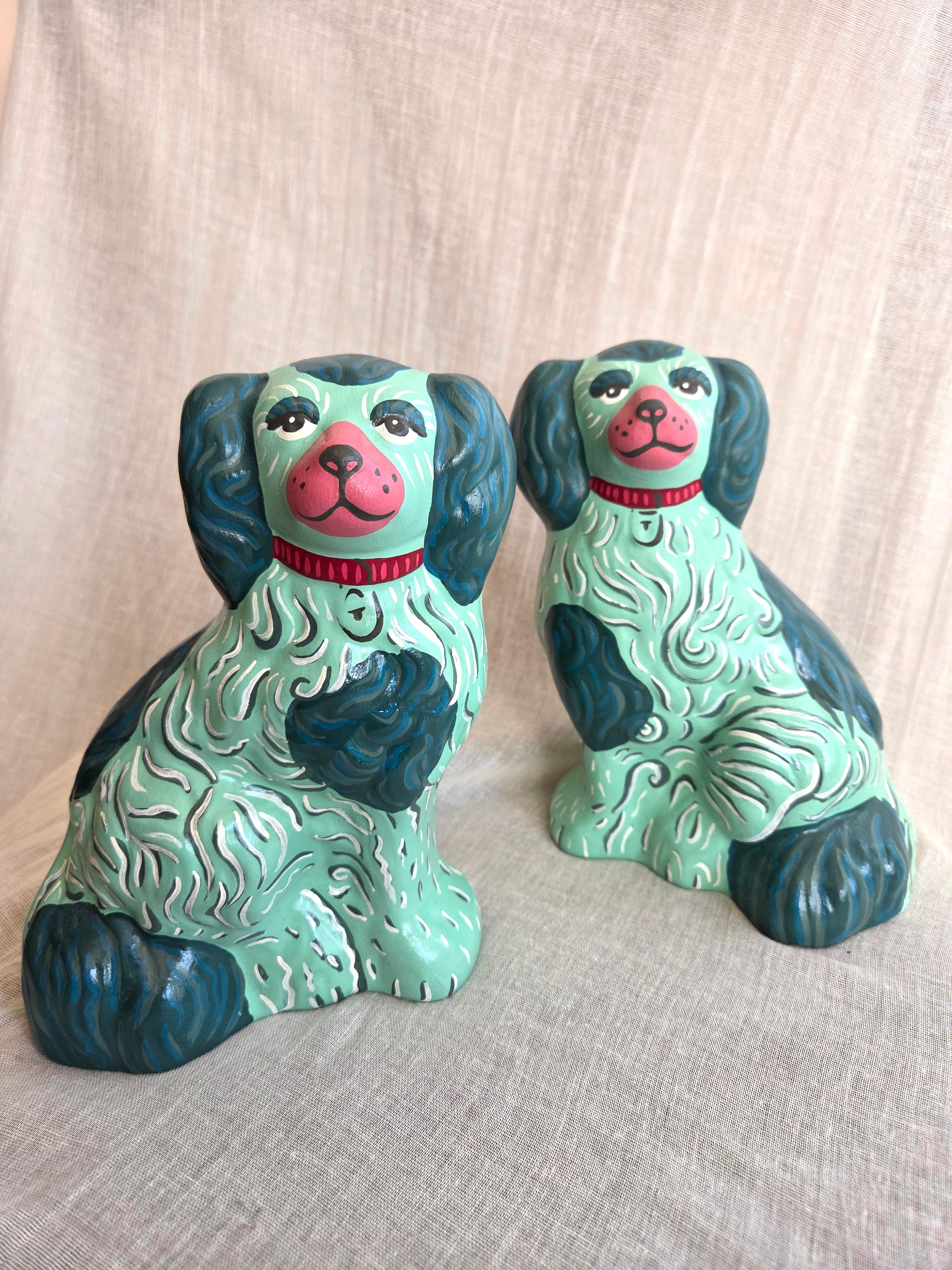 Medium Hand Painted Pair of Mint Green Mantle Dogs