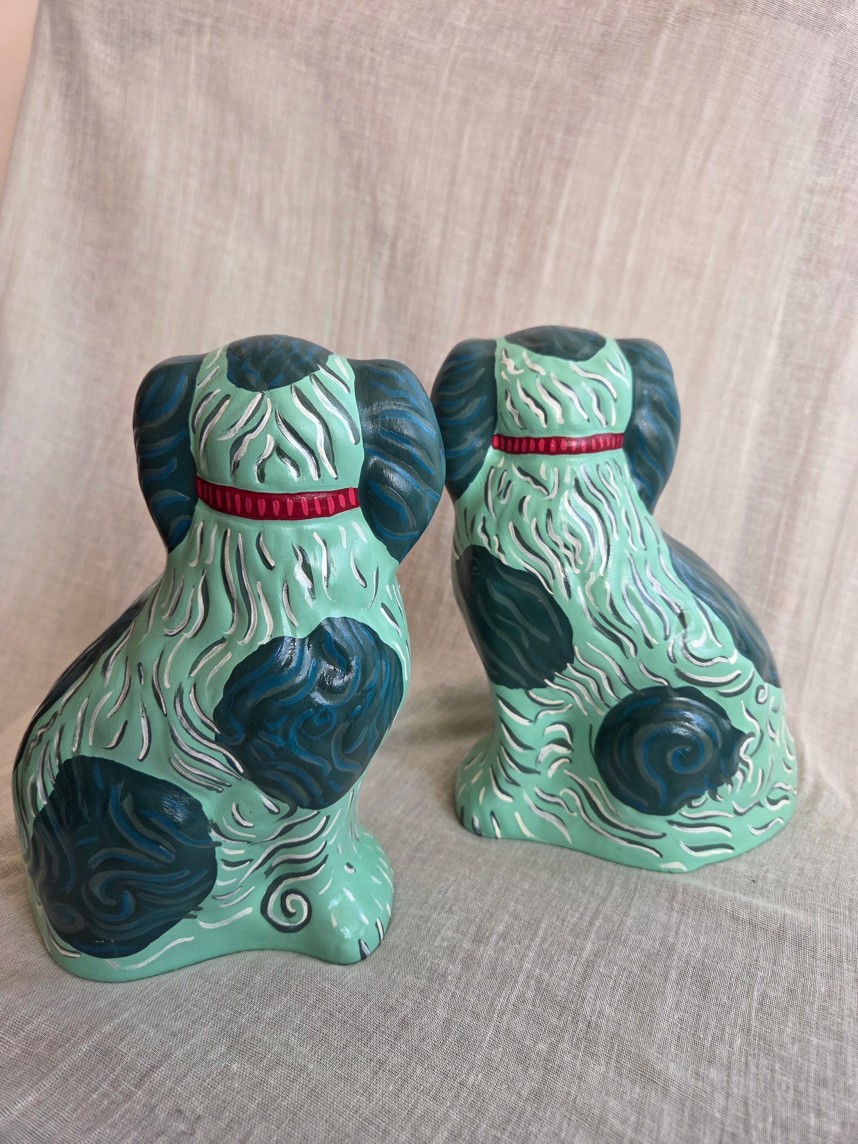 Medium Hand Painted Pair of Mint Green Mantle Dogs