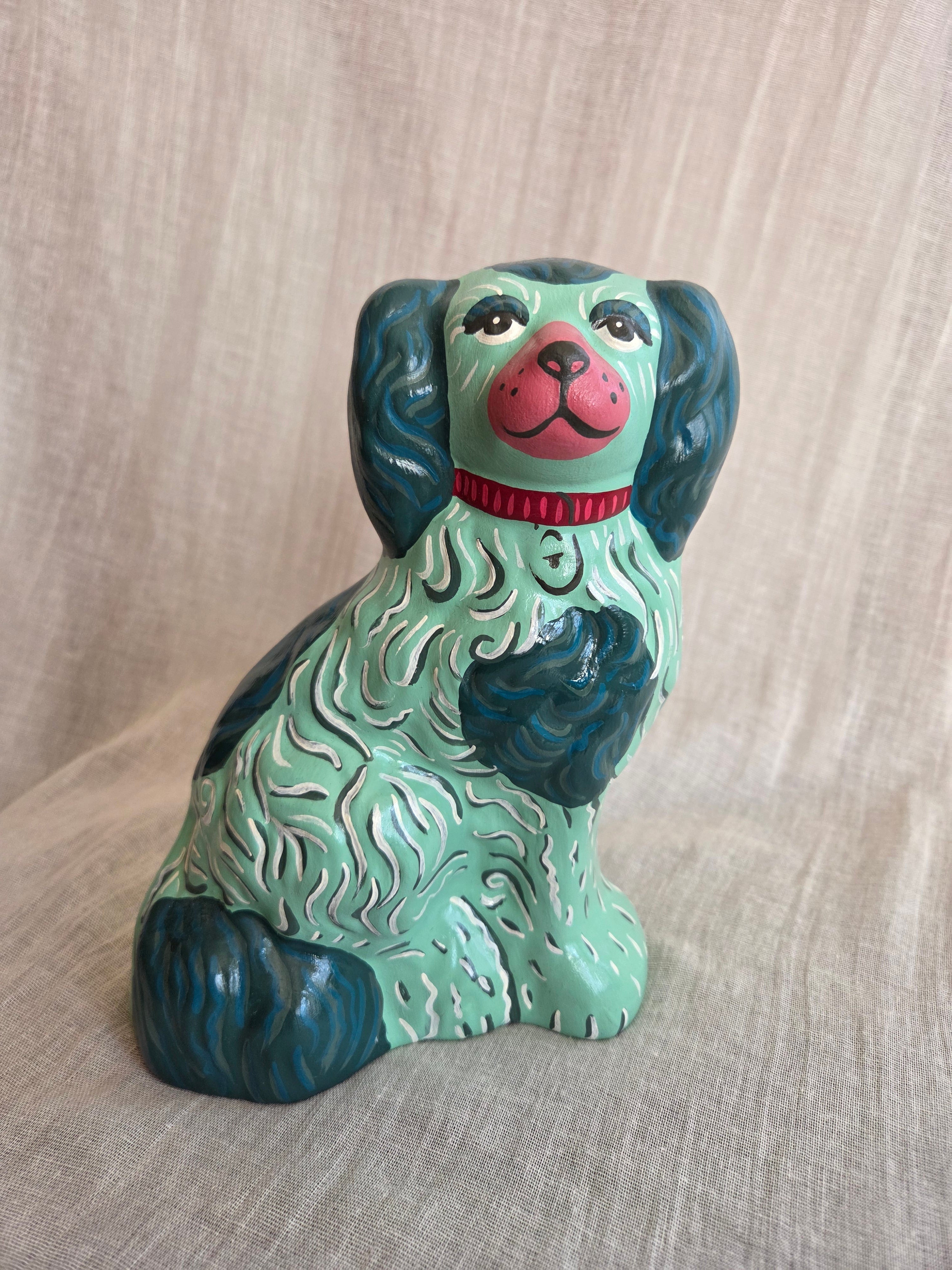 Medium Hand Painted Pair of Mint Green Mantle Dogs