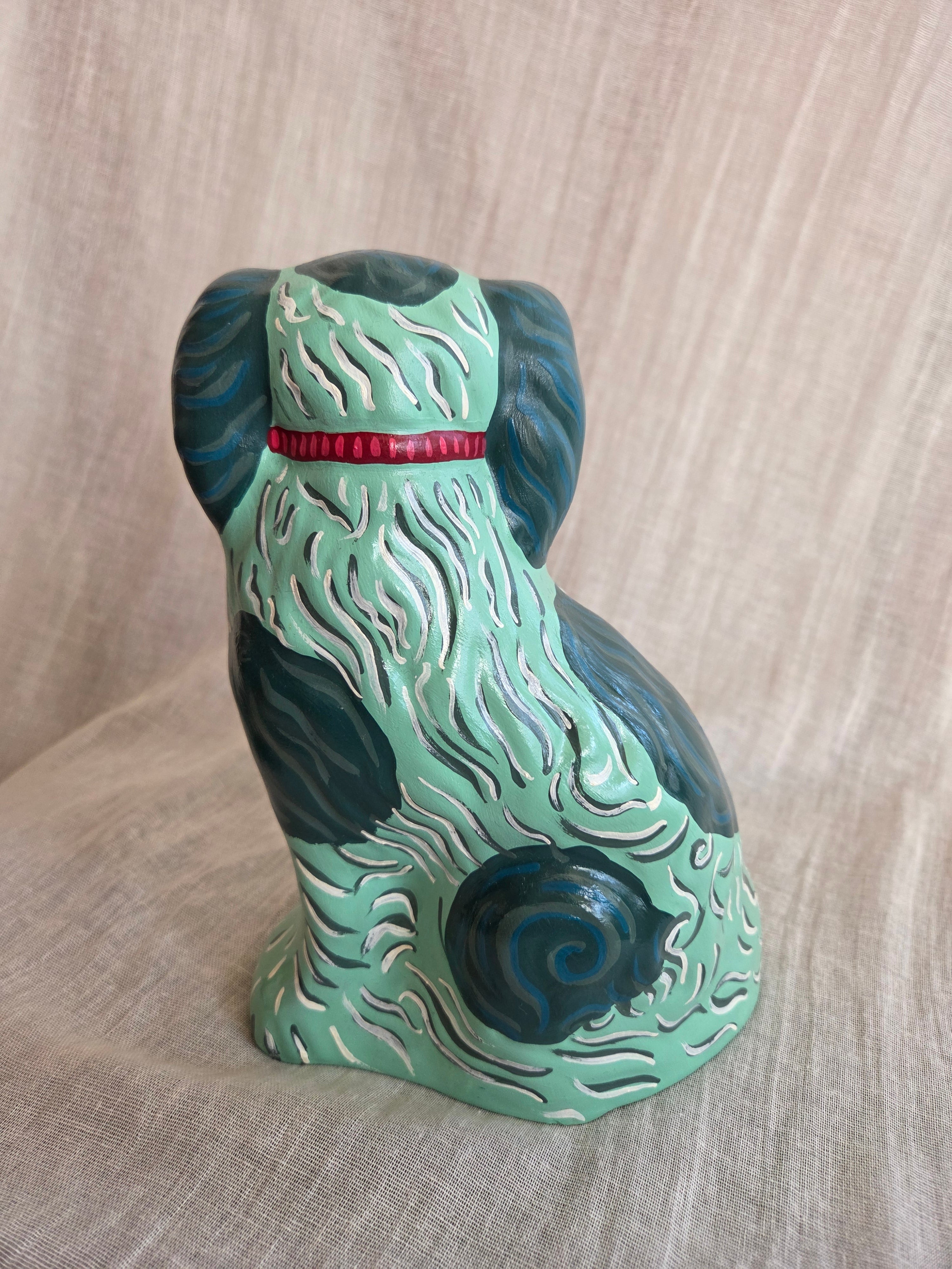 Medium Hand Painted Pair of Mint Green Mantle Dogs