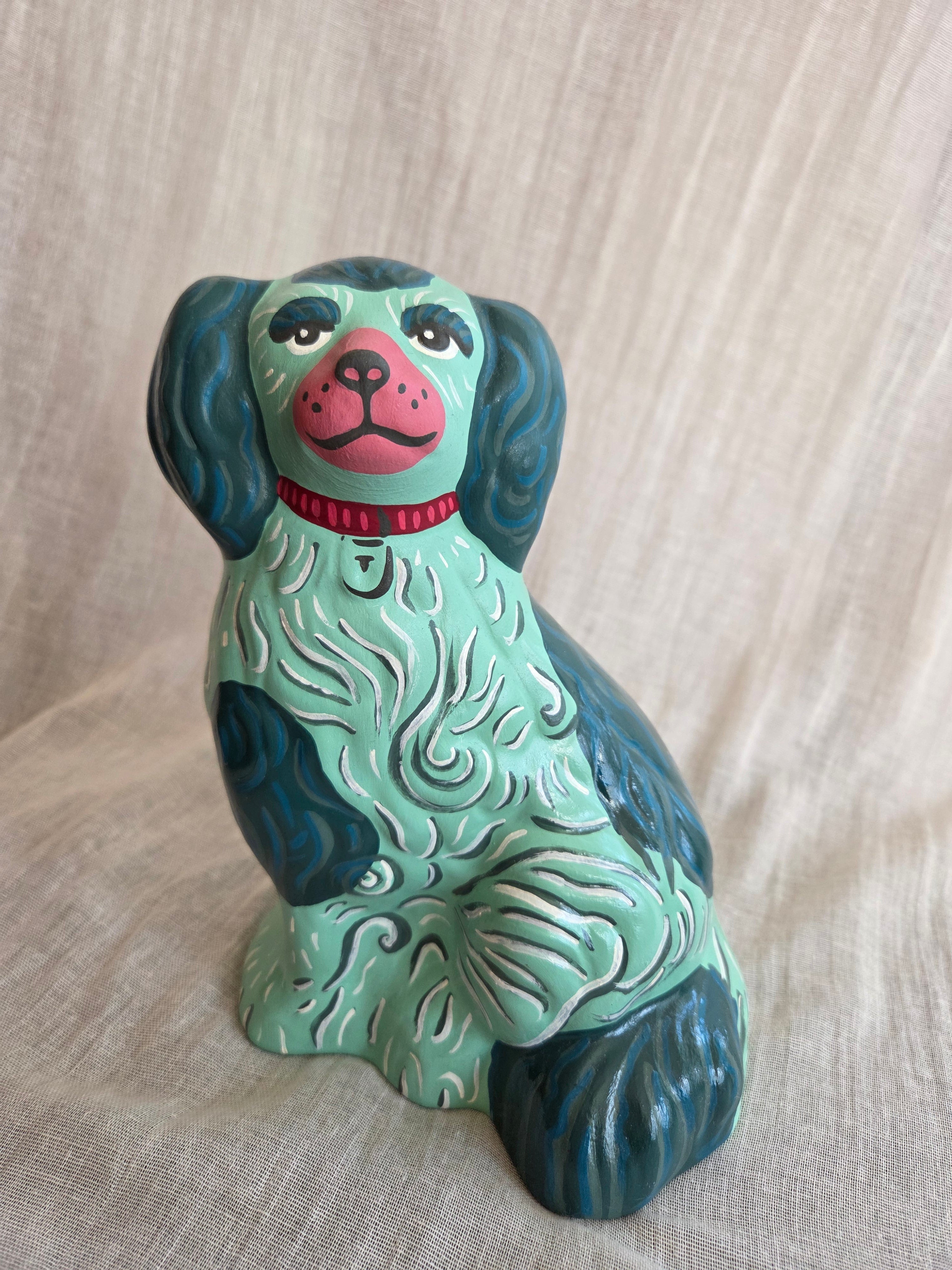 Medium Hand Painted Pair of Mint Green Mantle Dogs