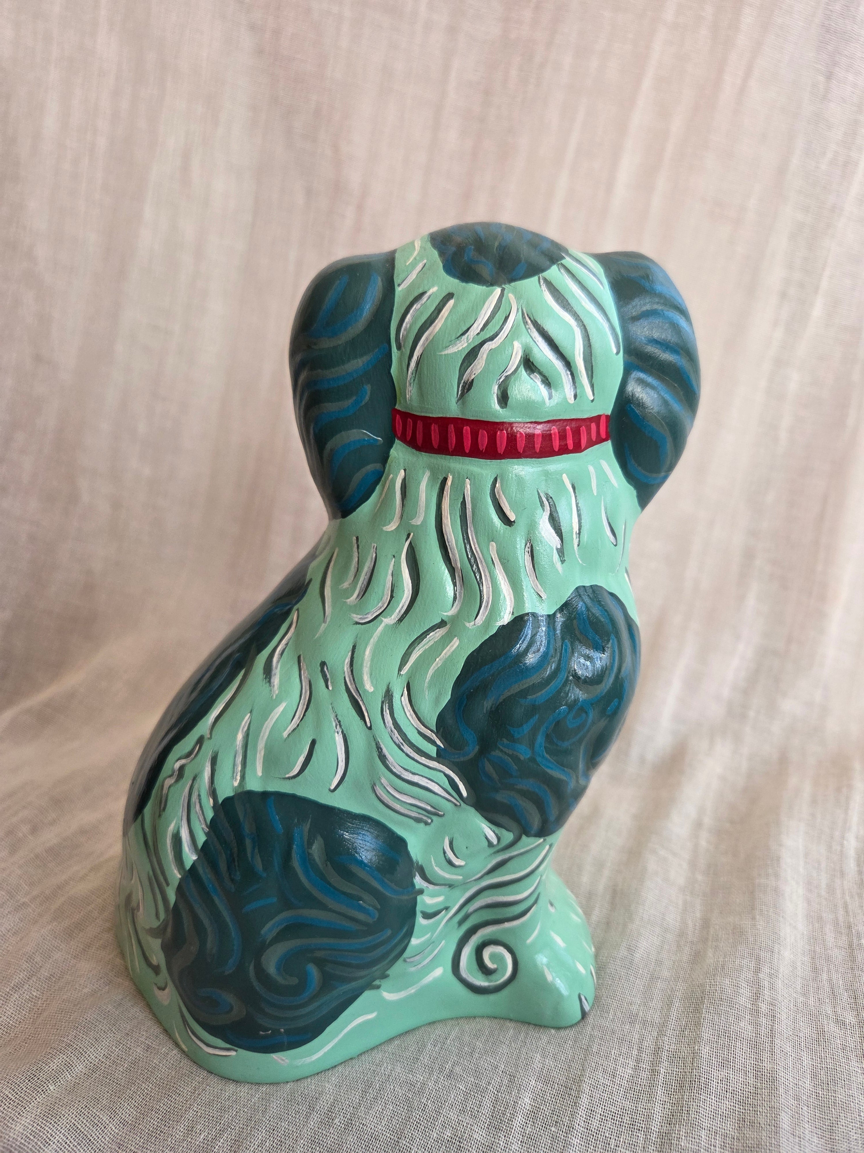 Medium Hand Painted Pair of Mint Green Mantle Dogs