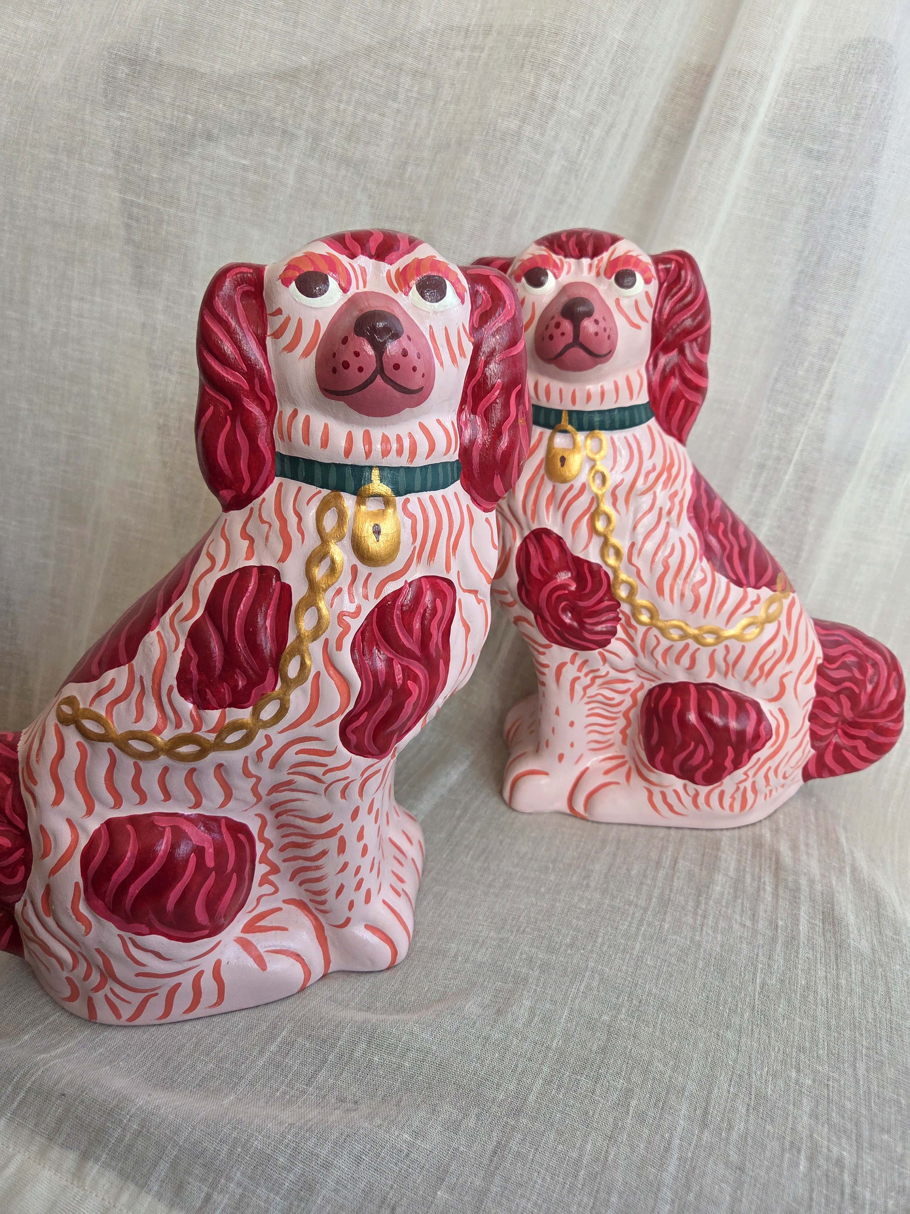 Large Hand Painted Pair of Pink Mantle Dogs