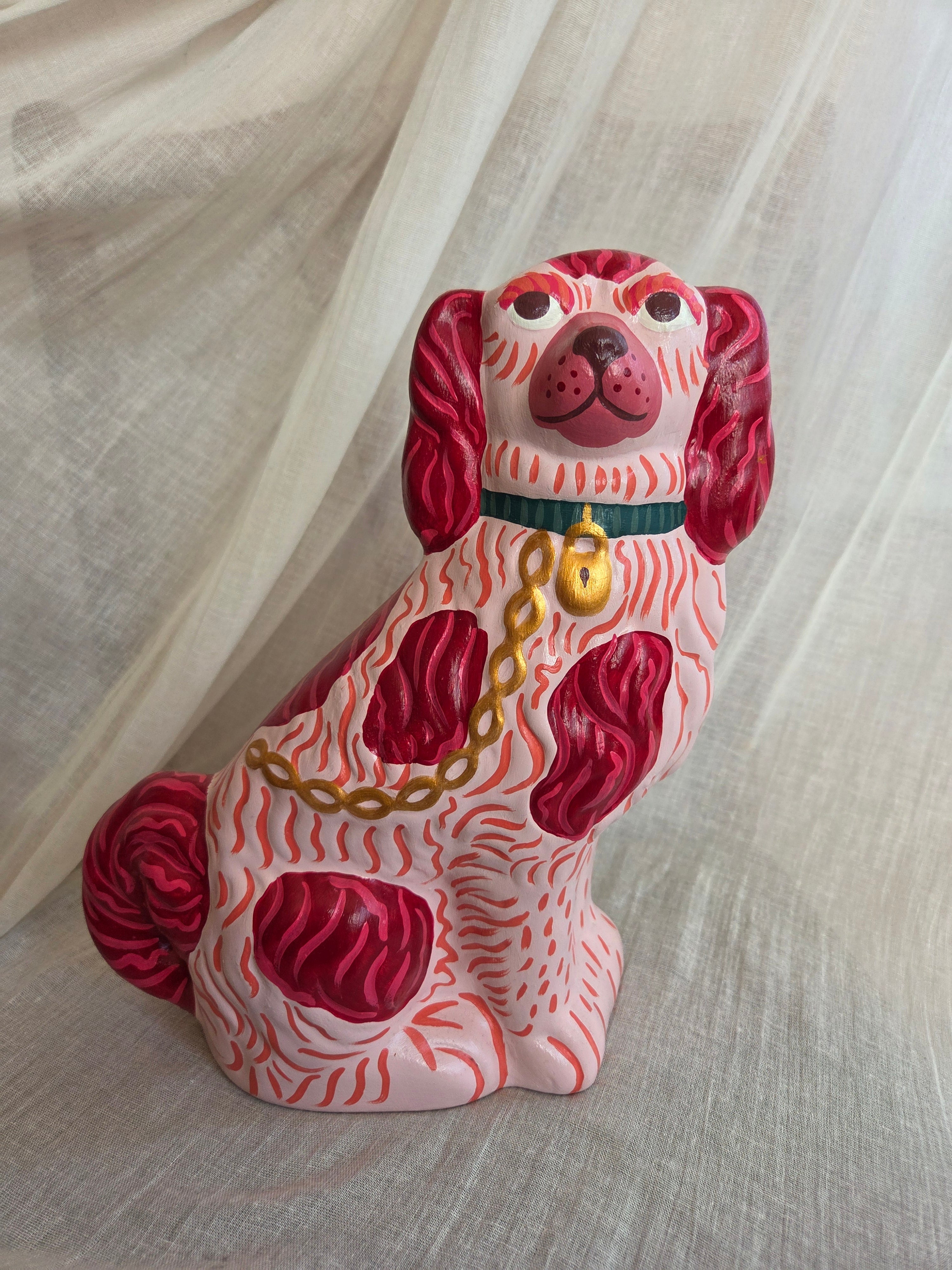 Large Hand Painted Pair of Pink Mantle Dogs