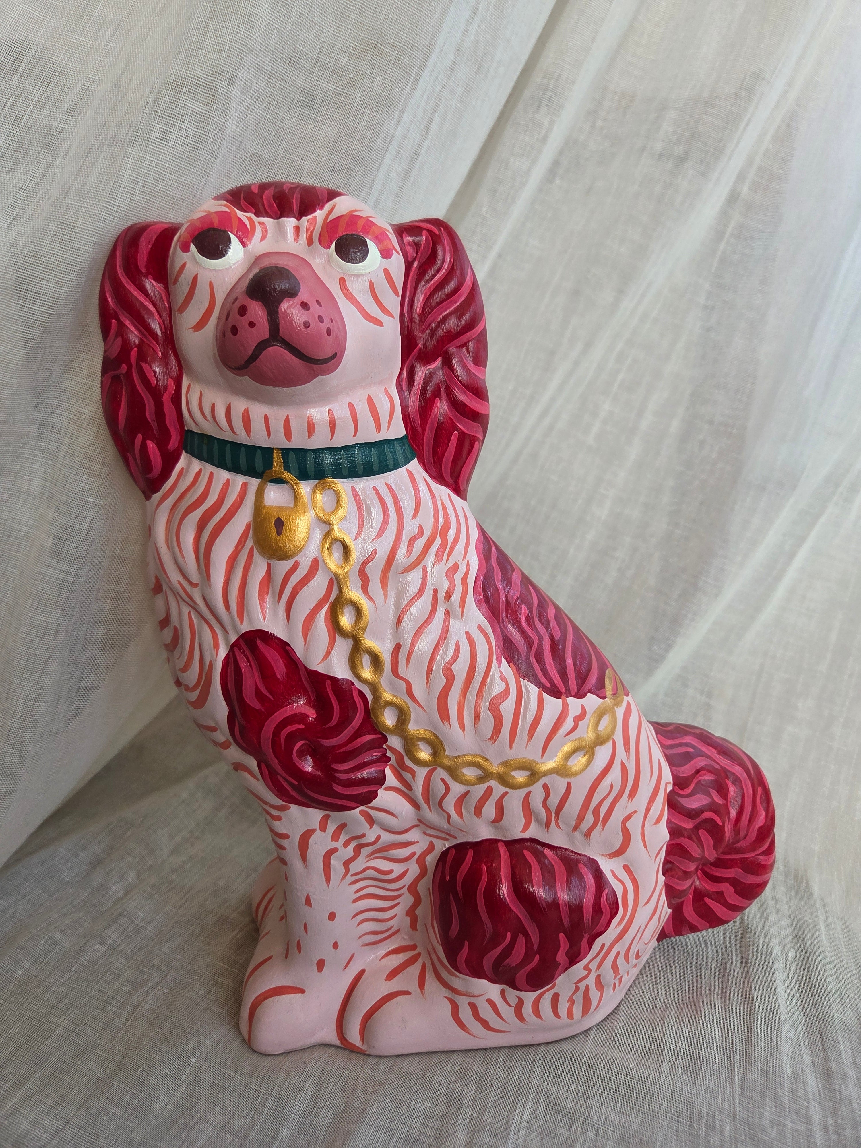 Large Hand Painted Pair of Pink Mantle Dogs