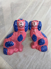 Medium Hand Painted Pair of Pink and Blue Mantle Dogs