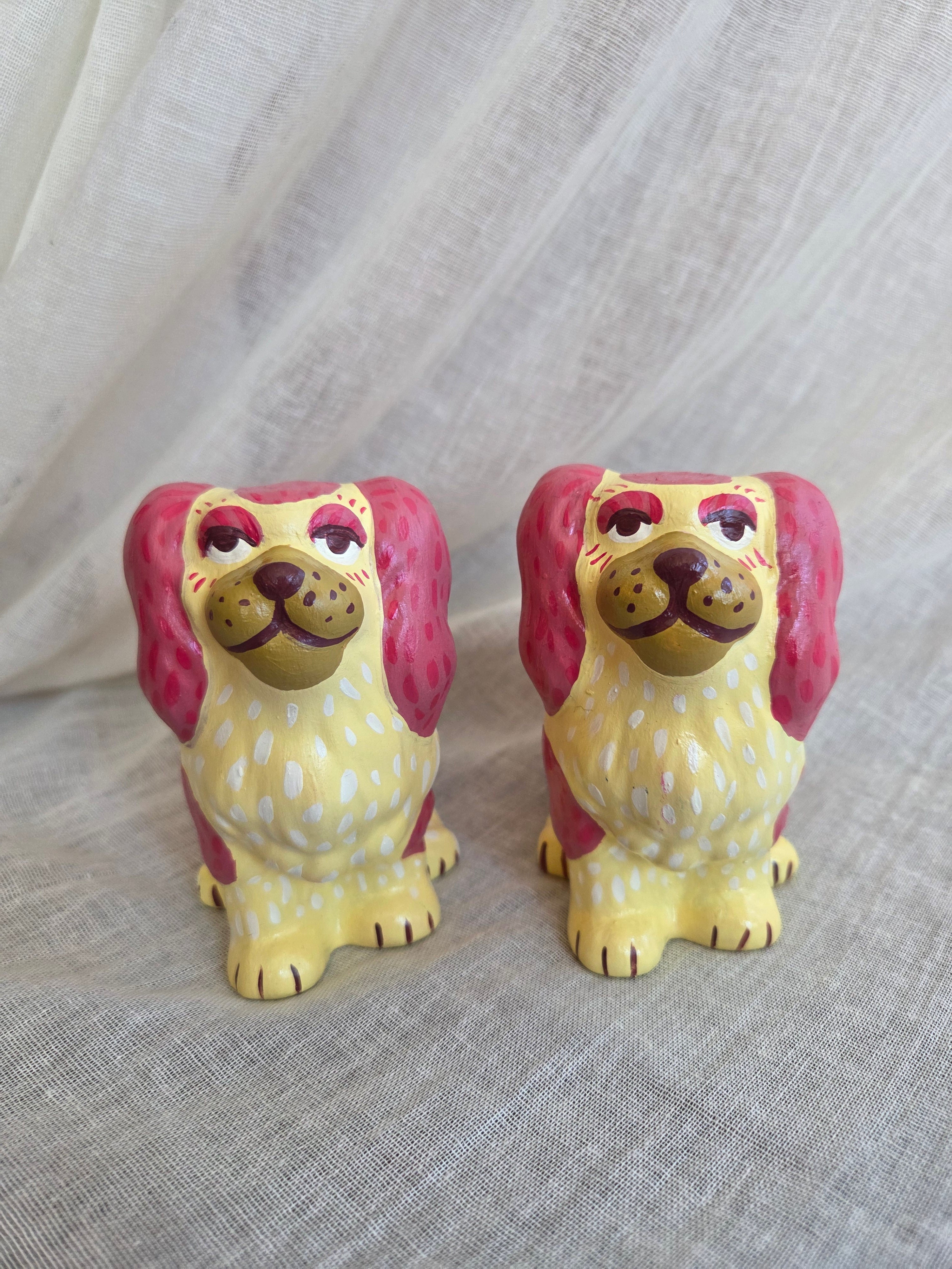 Small Hand Painted Pair of Pink and Yellow Mantle Dogs