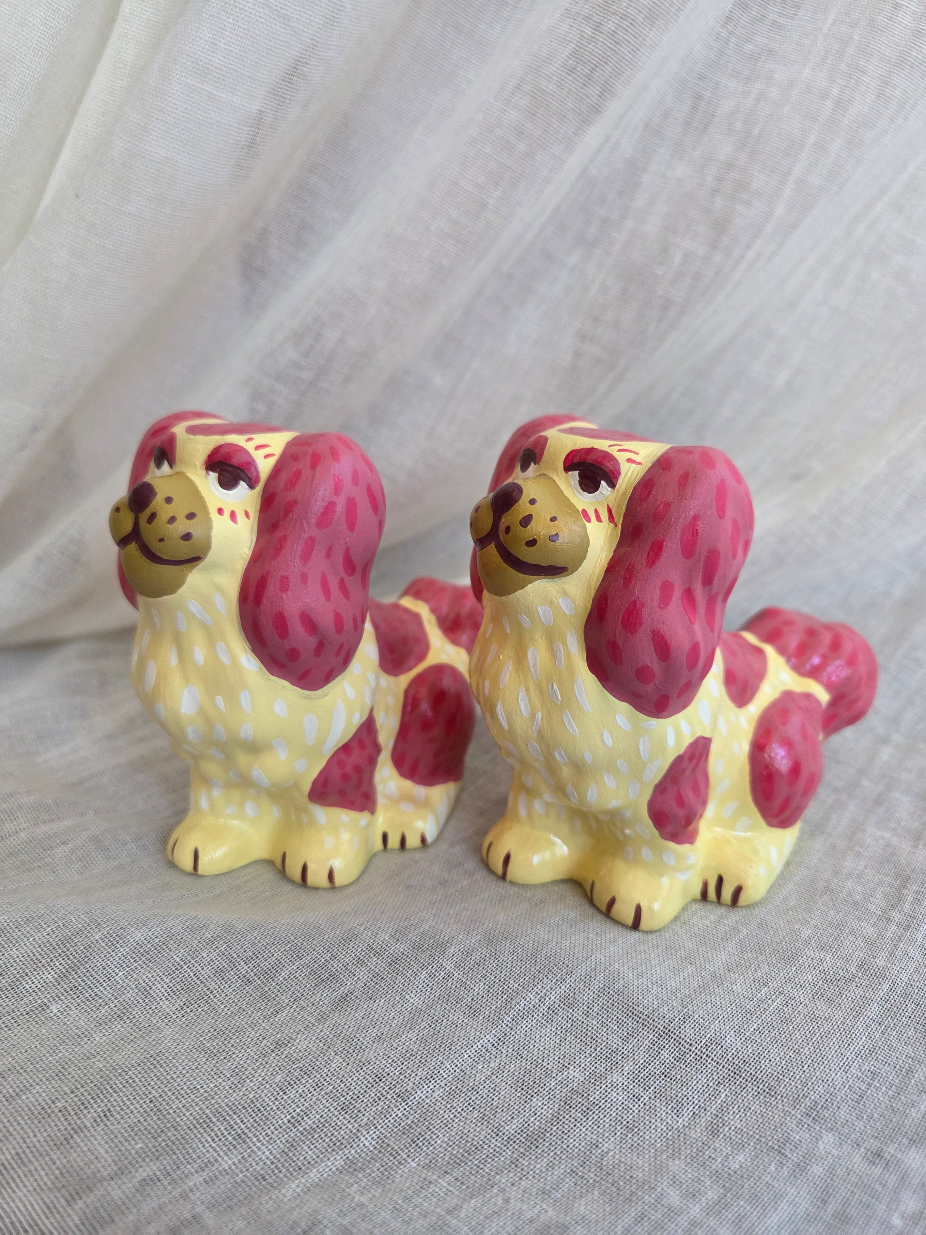 Small Hand Painted Pair of Pink and Yellow Mantle Dogs