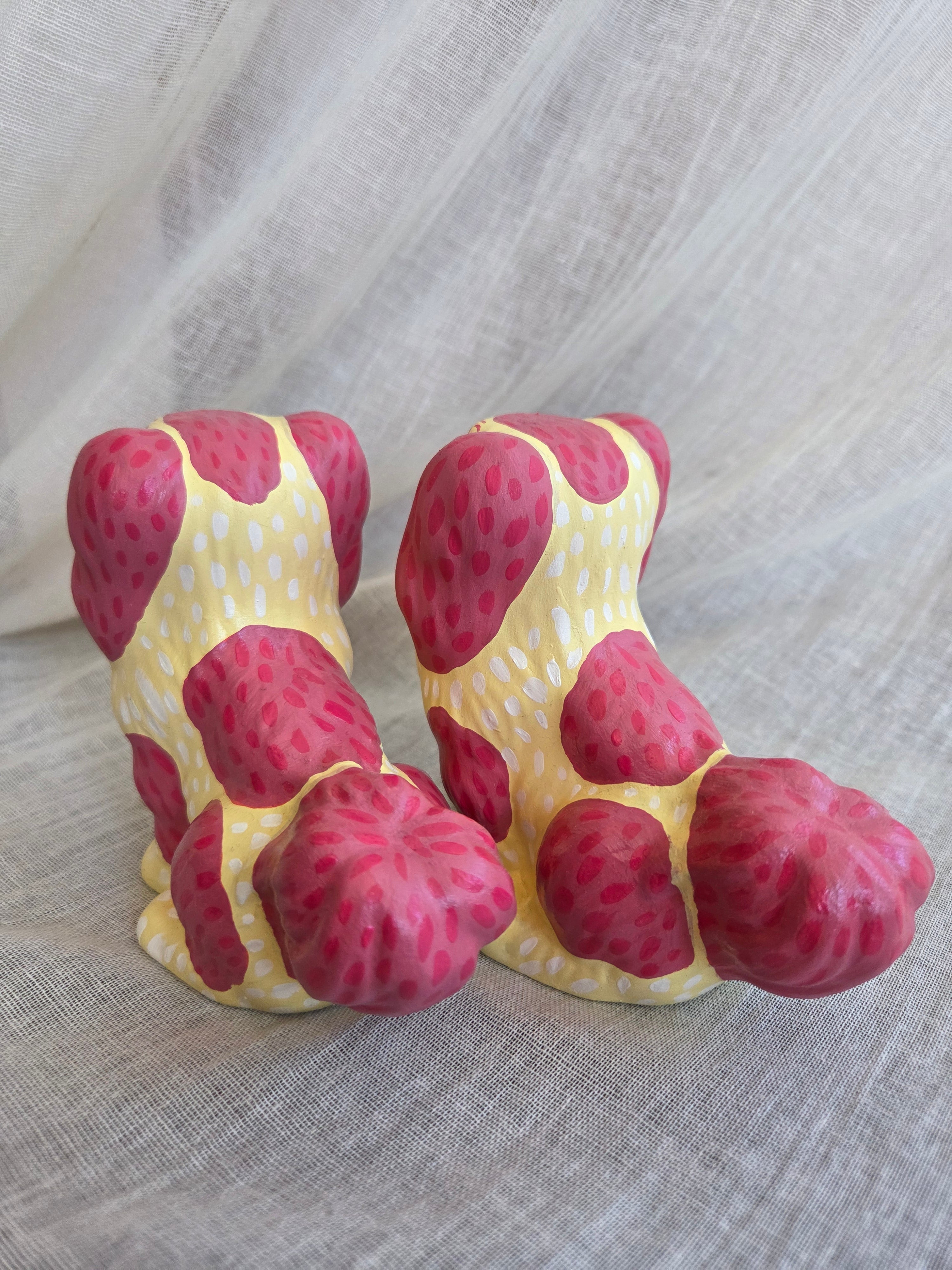 Small Hand Painted Pair of Pink and Yellow Mantle Dogs