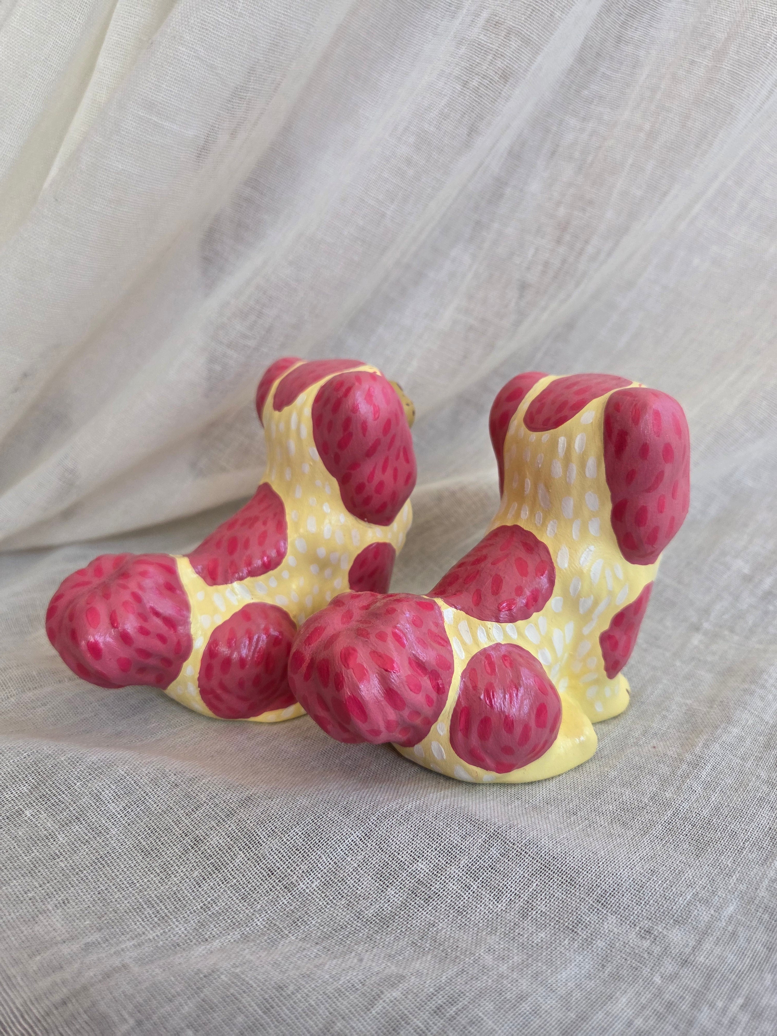 Small Hand Painted Pair of Pink and Yellow Mantle Dogs