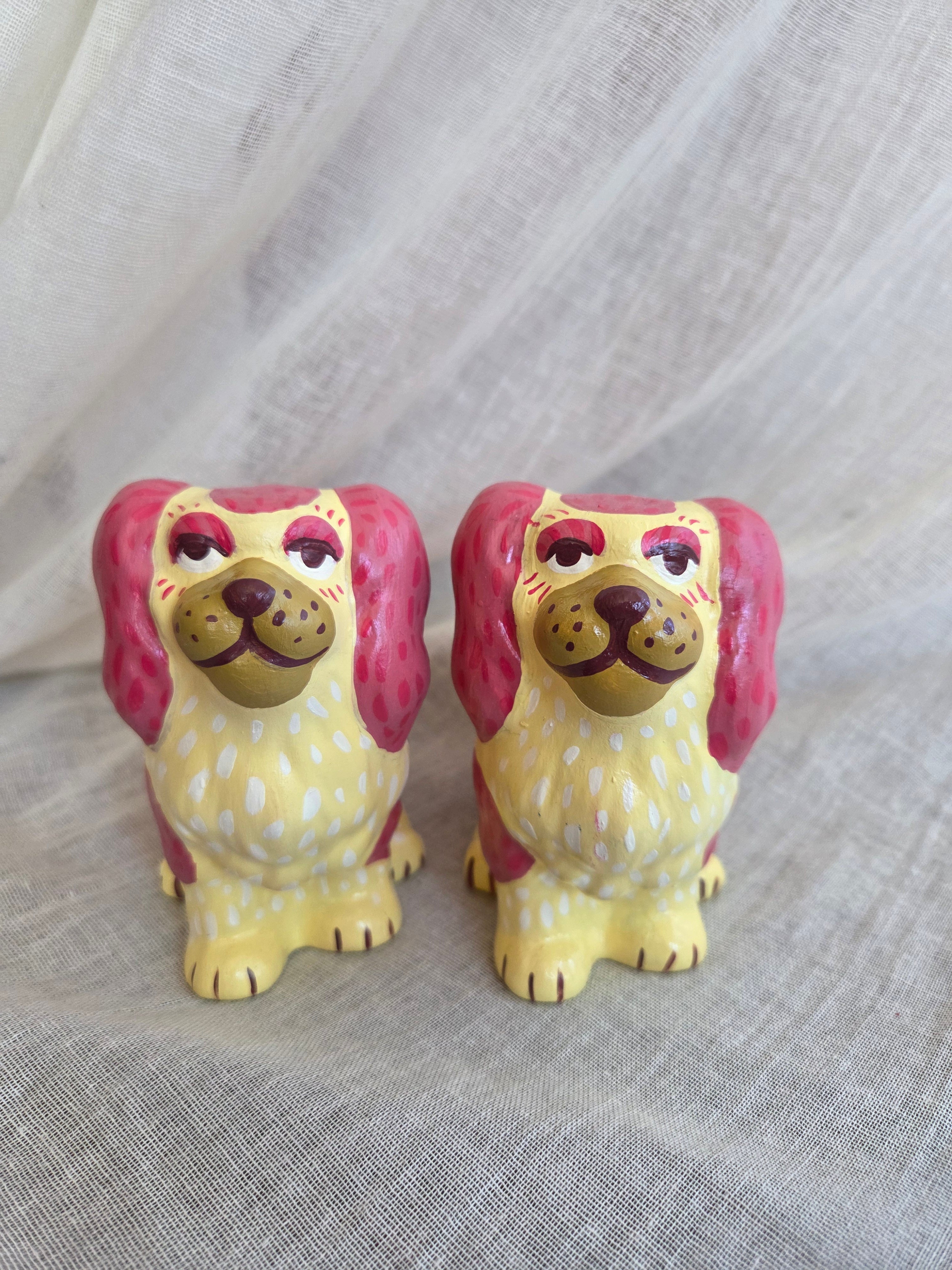 Small Hand Painted Pair of Pink and Yellow Mantle Dogs