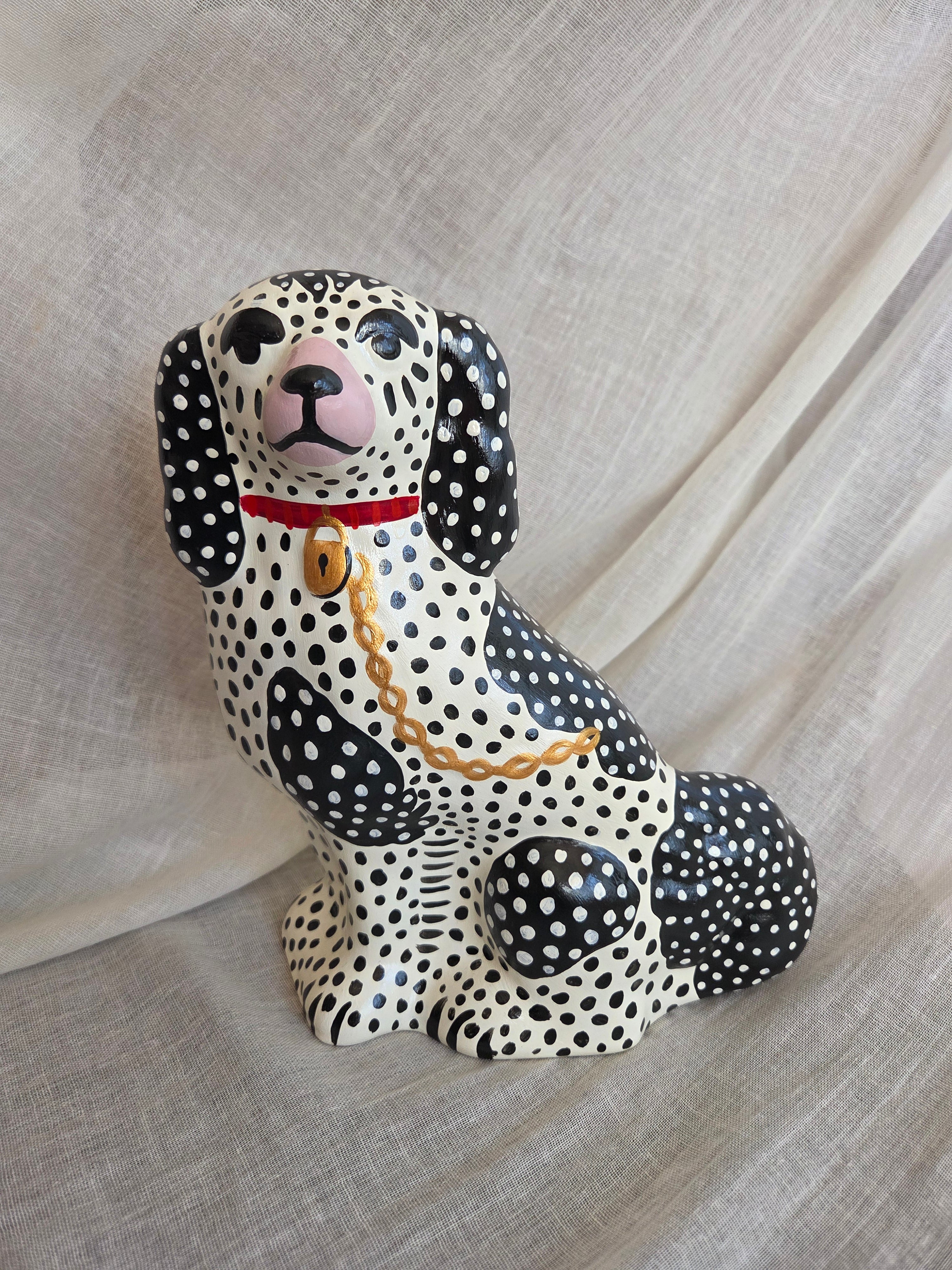 Medium Hand Painted Pair of Black and White Polka Dot Mantle Dogs