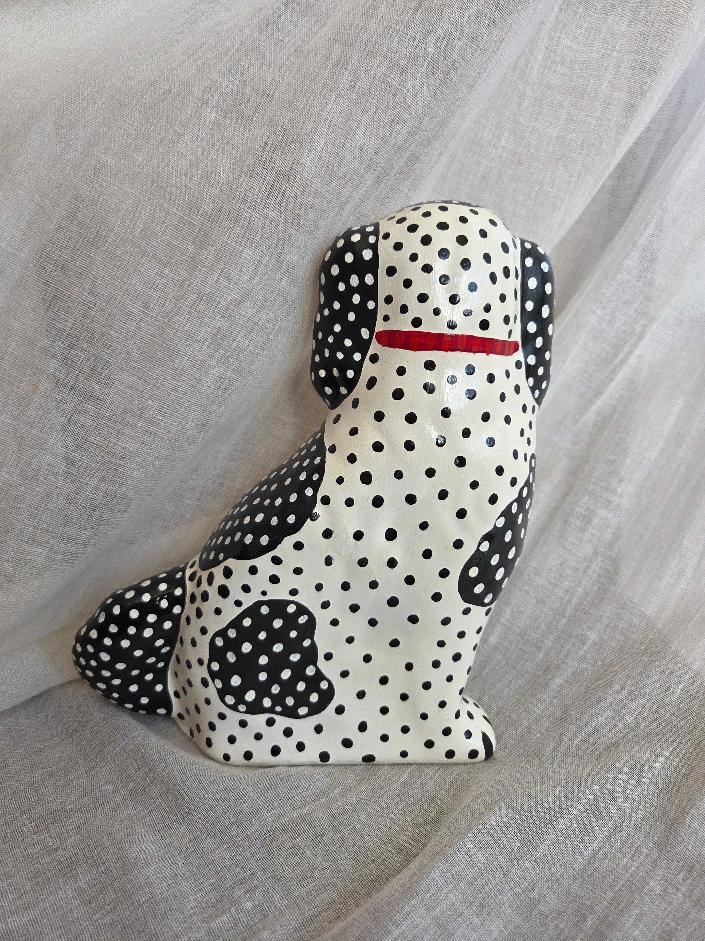 Medium Hand Painted Pair of Black and White Polka Dot Mantle Dogs