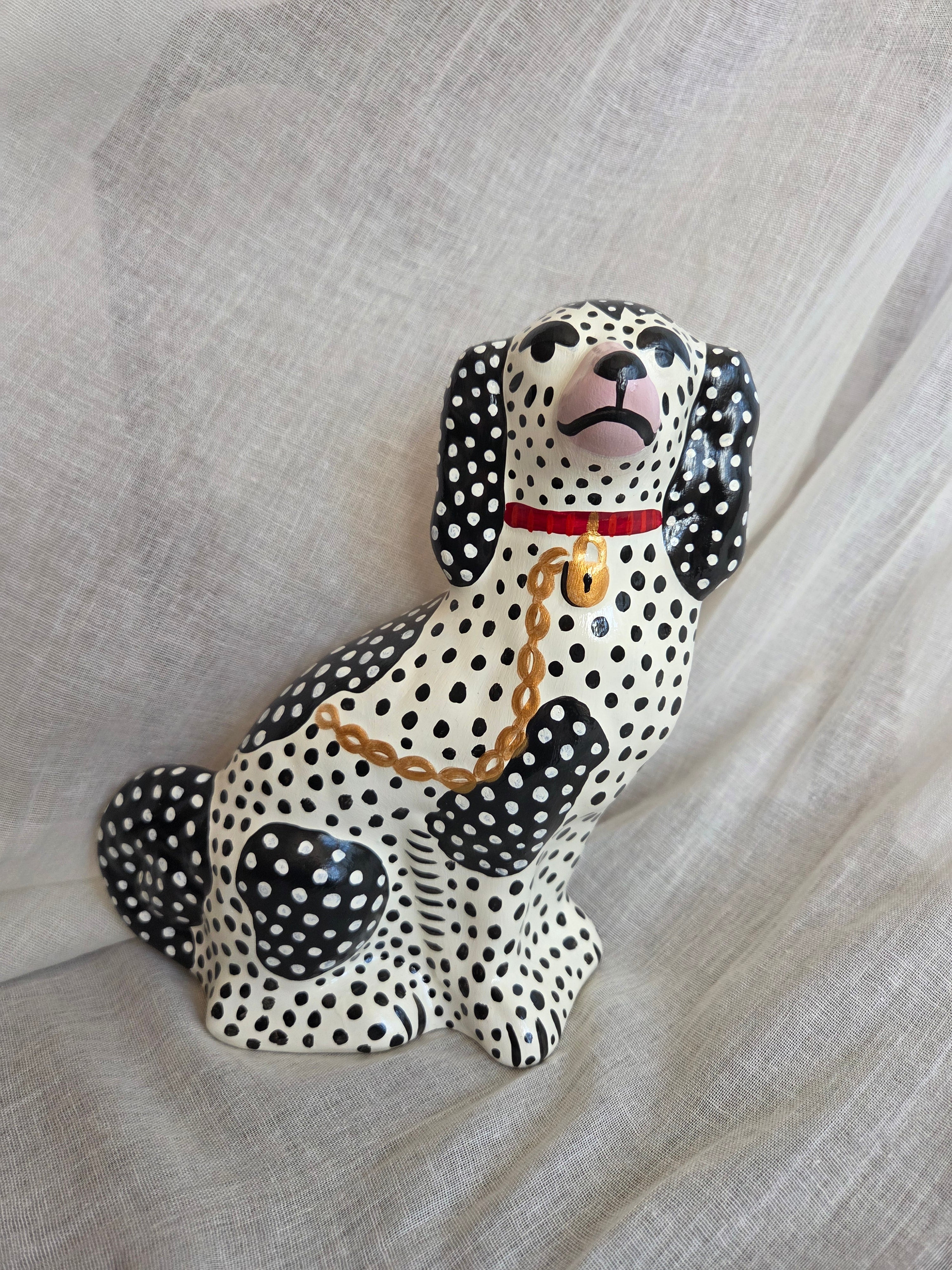 Medium Hand Painted Pair of Black and White Polka Dot Mantle Dogs