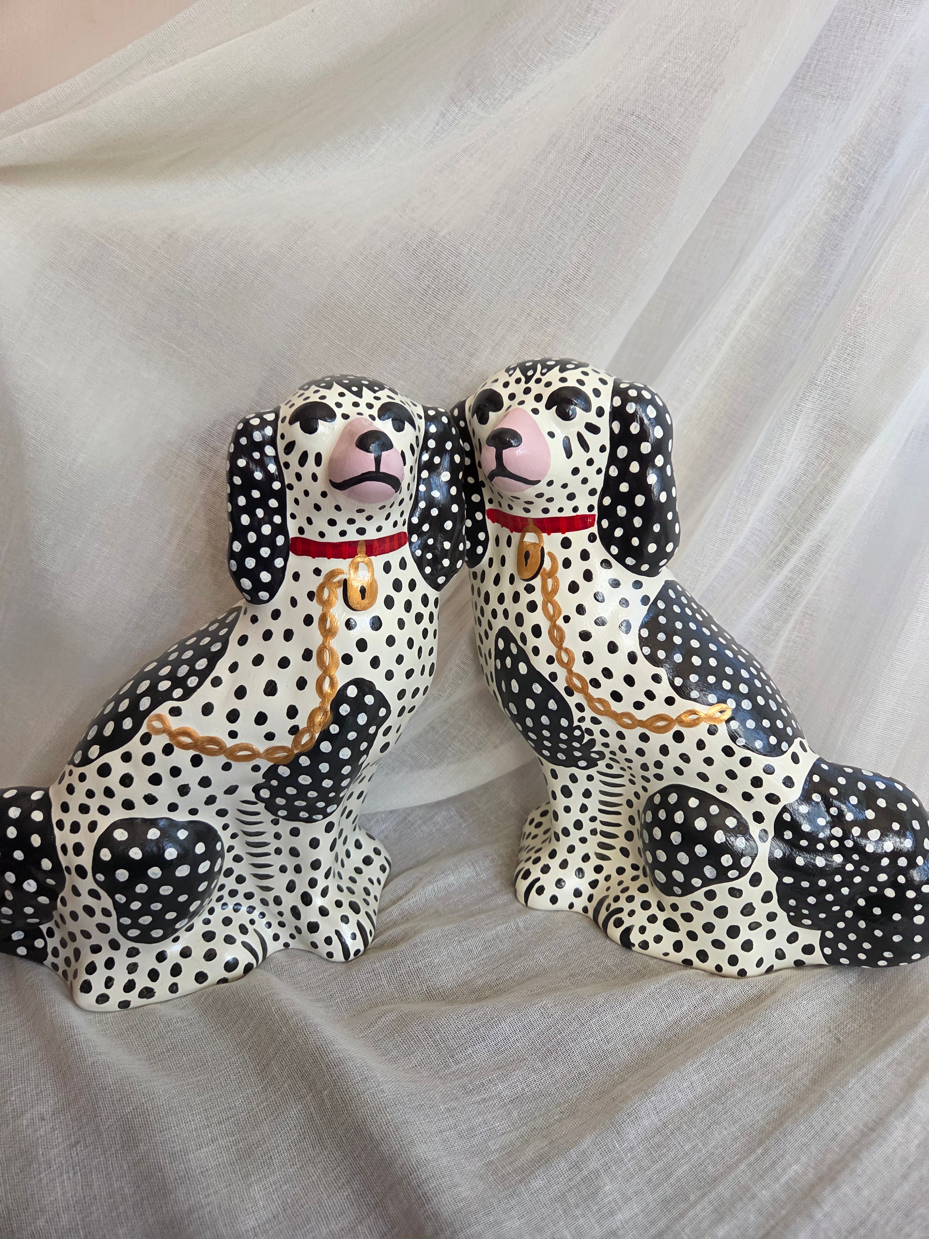 Medium Hand Painted Pair of Black and White Polka Dot Mantle Dogs