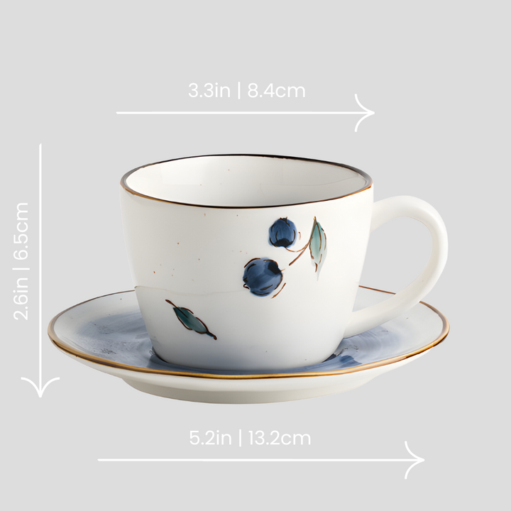 Hand-painted "Blueberry" teacup with plate - 6.8oz