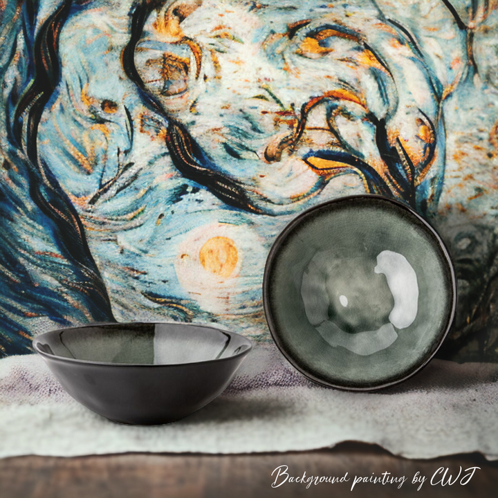 Handmade "Ice Crackle Glaze" bowl - dark green