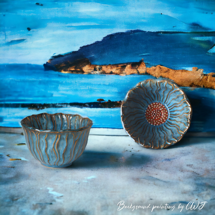 Small handmade artistic "Blue Chrysanthemum" bowl