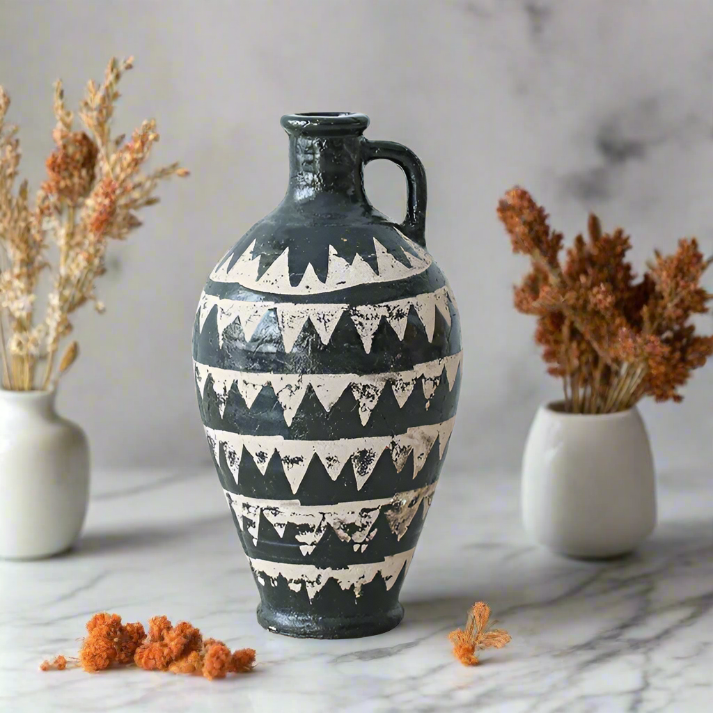 Handmade tall antique "Noir & Ivory Dreams" vase