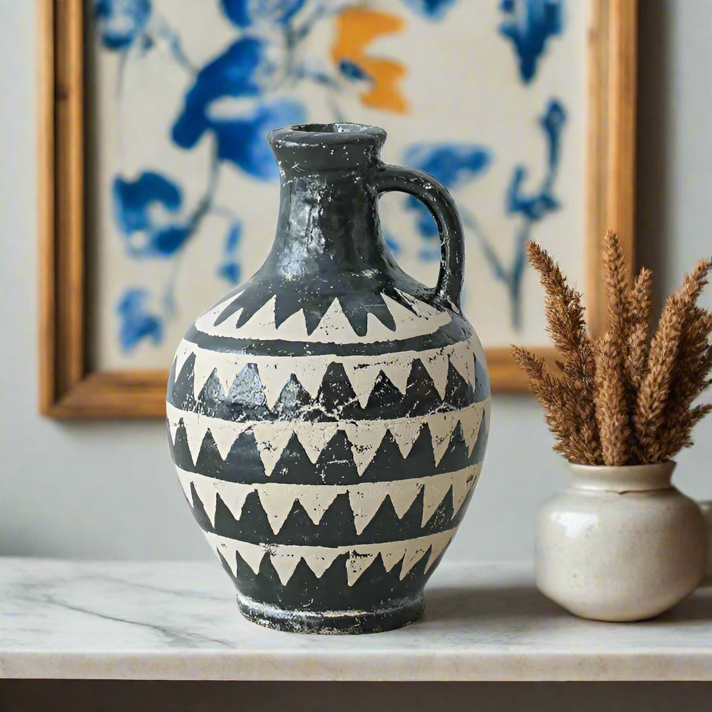 Handmade wide antique "Noir & Ivory Dreams" vase