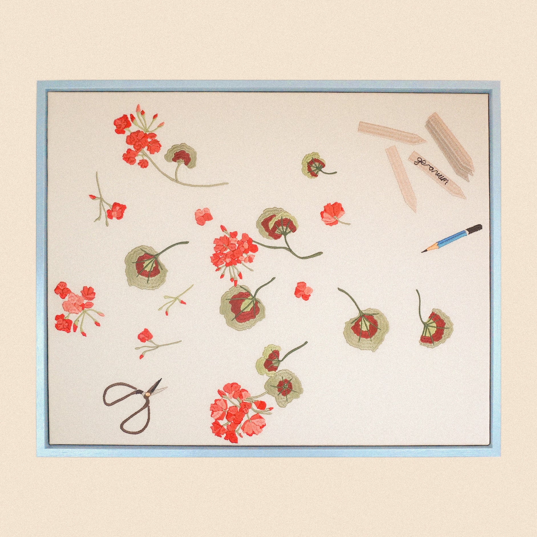 Geranium cuttings framed embroidered canvas