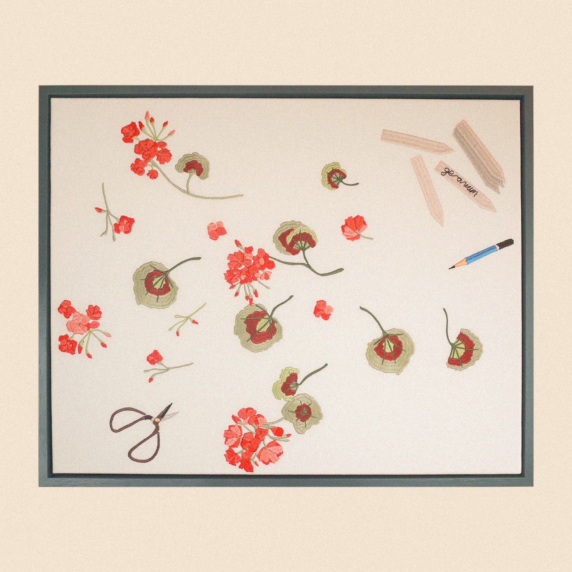 Geranium cuttings framed embroidered canvas