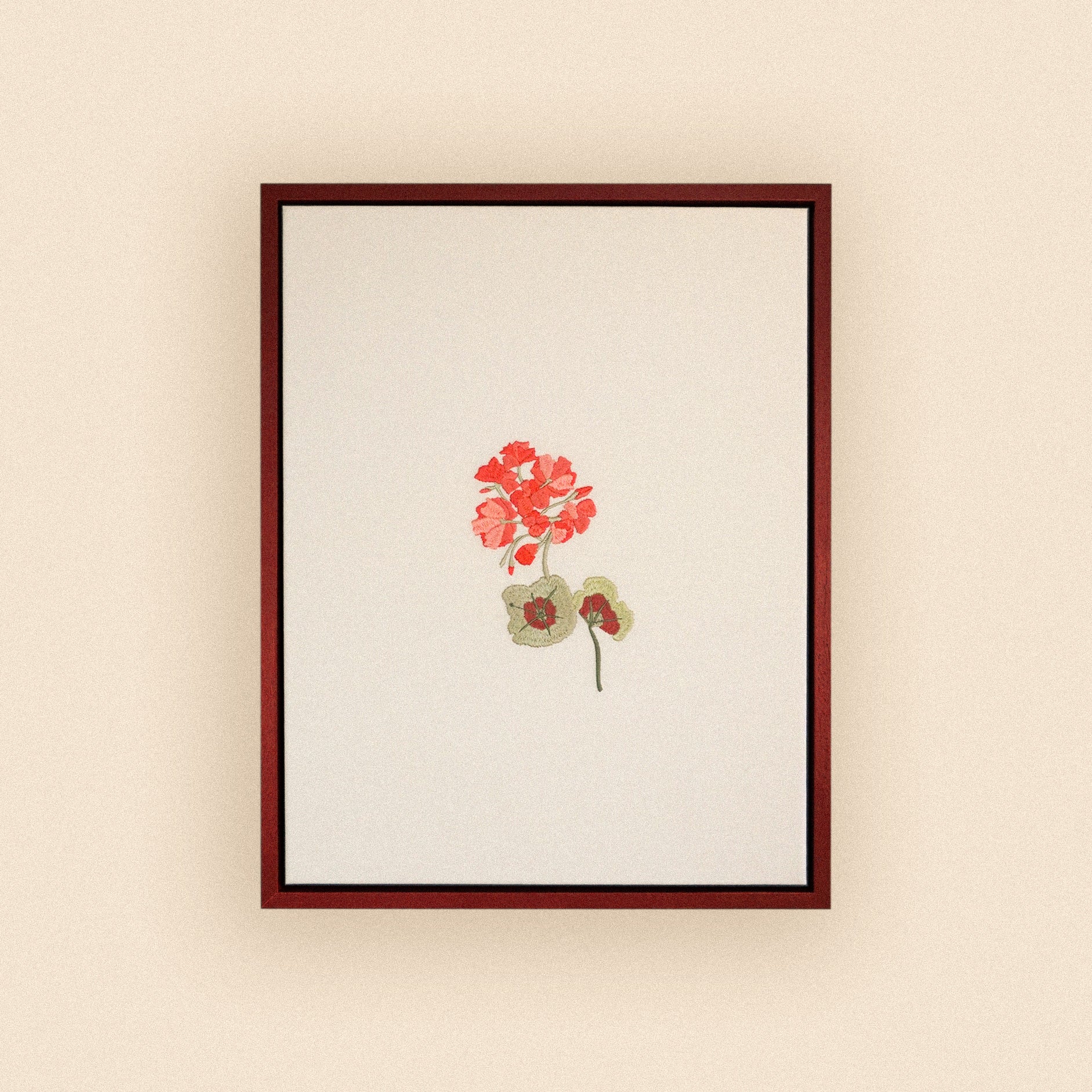 Geranium framed embroidered art canvas