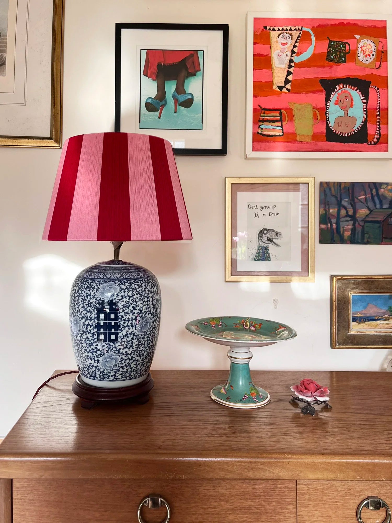 Cherry Kiss | Cherry Red and Dusty Pink Stripe String Lampshade
