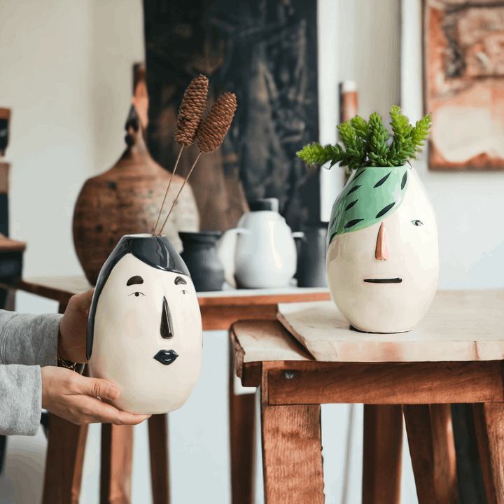 Modern artistic face motif vase - black hair