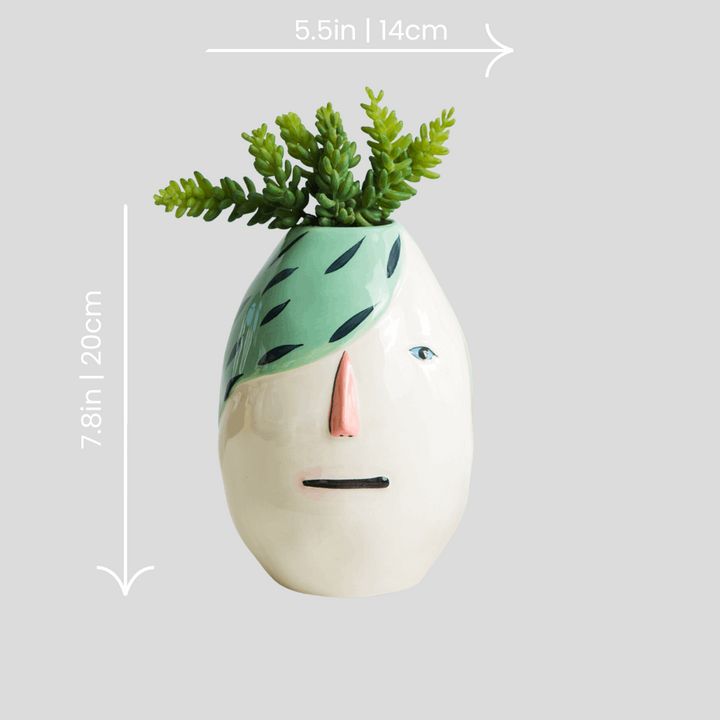 Modern artistic face motif vase - green hair