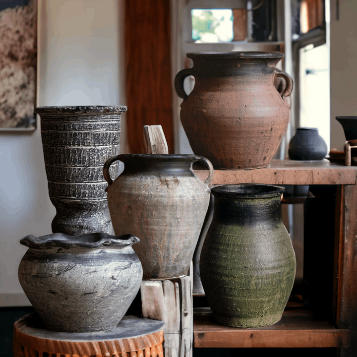 Handmade dark grey vase with engravings