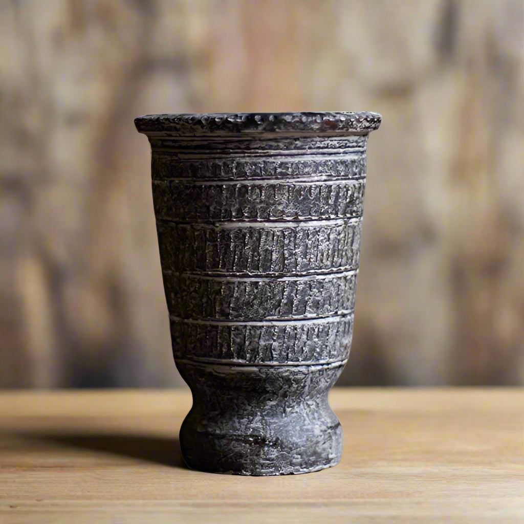 Handmade dark grey vase with engravings
