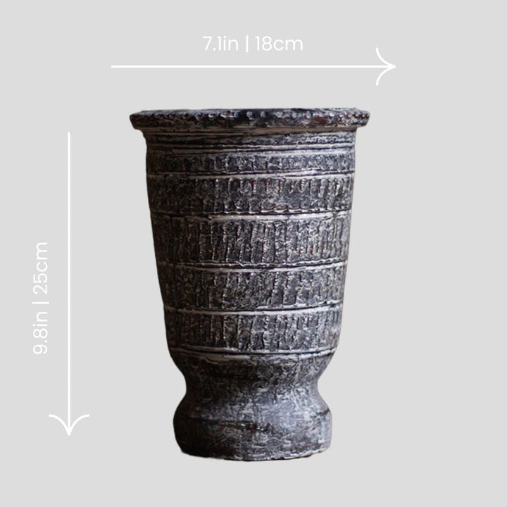 Handmade dark grey vase with engravings
