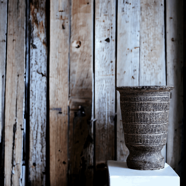 Handmade dark grey vase with engravings