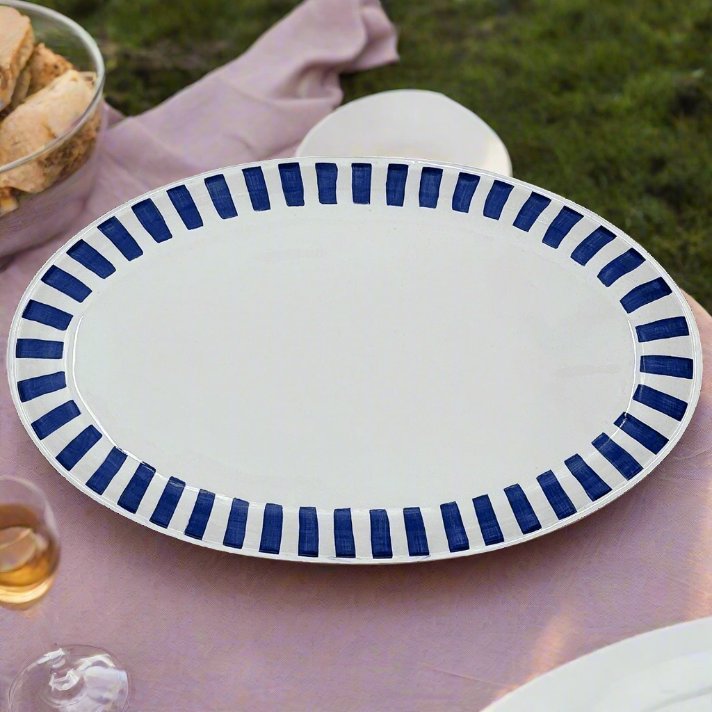 Large Navy Blue Stripes Oval Platter