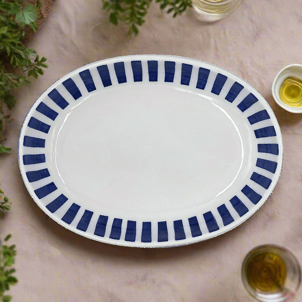 Small Navy Blue Stripes Oval Platter