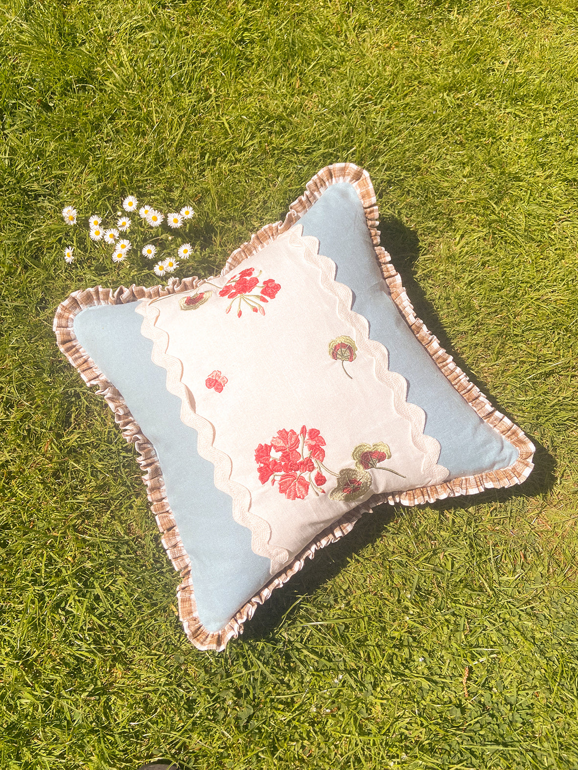Geranium Patchwork Linen Cushion