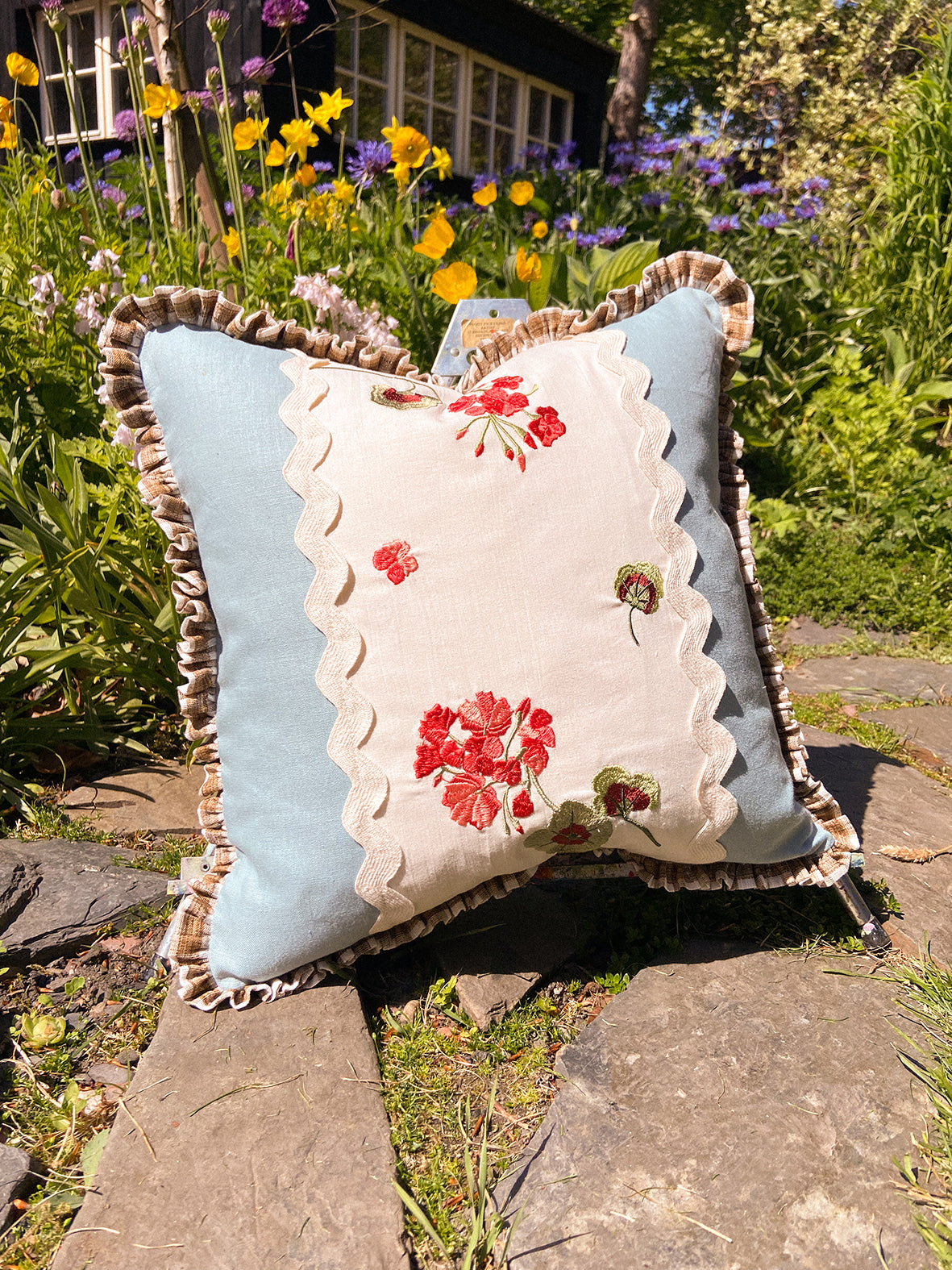 Geranium Patchwork Linen Cushion