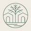 Circular icon with a stylized tree and arches in green on a white background