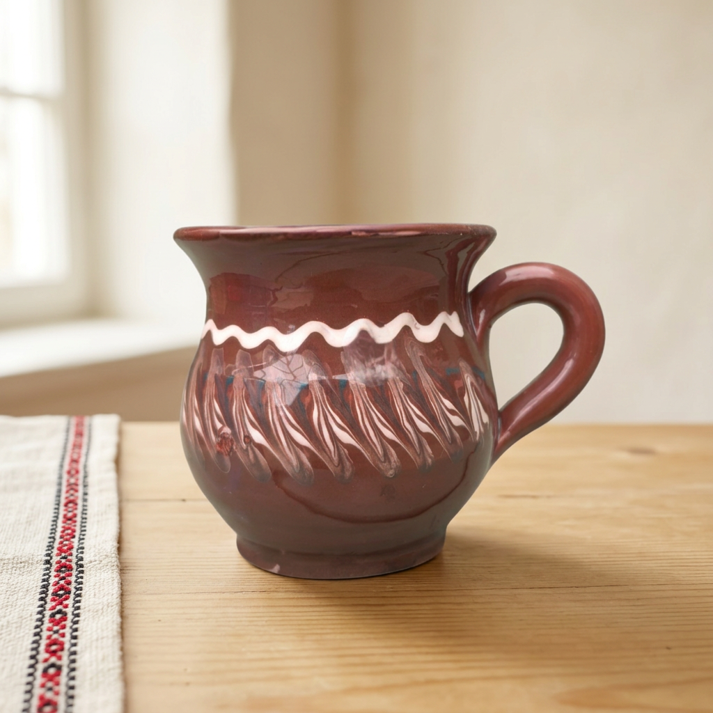 Dark Chocolate Curved Mug in a Romanian-inspired farmhouse setting