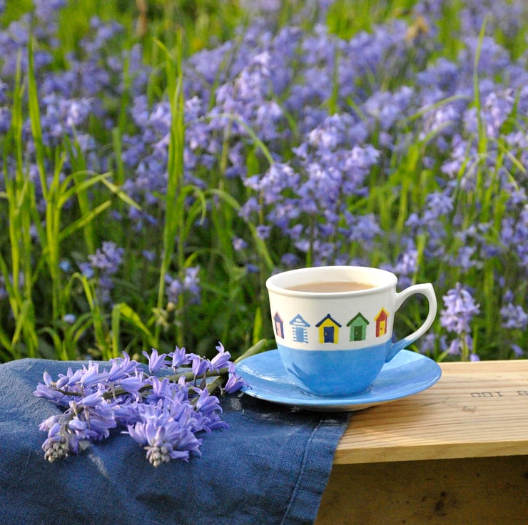 Beach Huts Cup and Saucer - Hand Painted