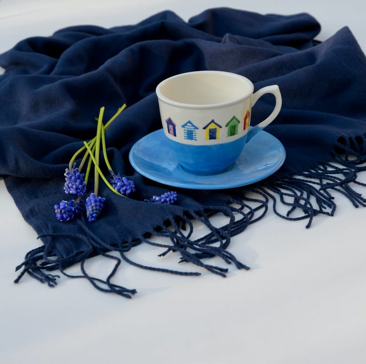 Beach Huts Cup and Saucer - Hand Painted
