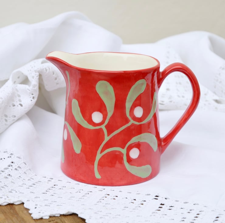 Christmas Red Mistletoe Milk Jug - Hand Painted